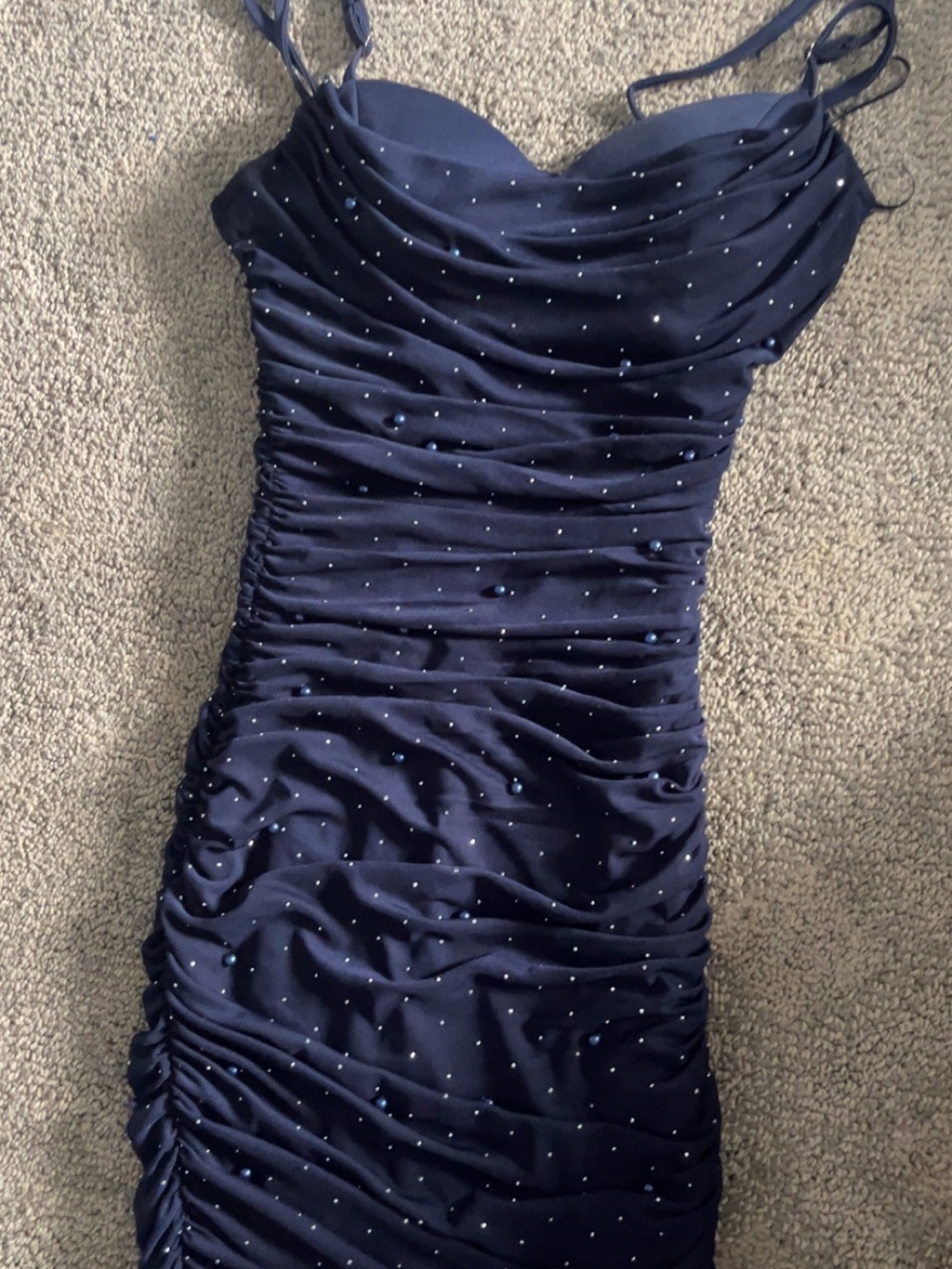 Windsor Navy Ruched Spaghetti Strap Mini Dress with Sparkle